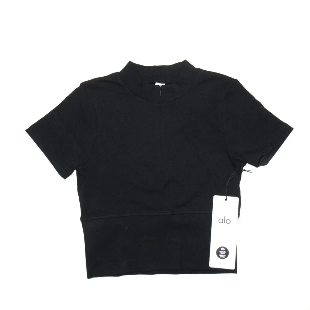 NWT Alo Seamless Winter Warm Plush Cropped Short Sleeve Top in Black XS